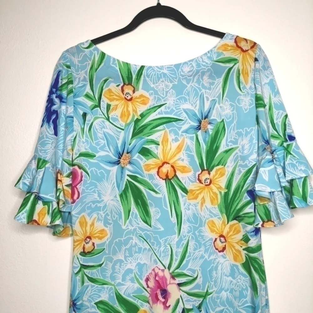 NWT Cappagallo Women’s Medium Erika Ice Blue Floral Dress Tropical Lightweight - Picture 12 of 14